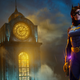 Batgirl stands beside a clocktower as it rains in Gotham City.